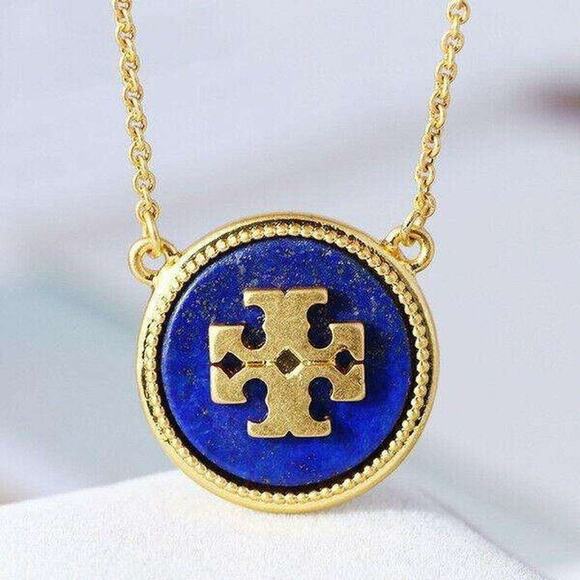 NWT  Tory Burch Gold Logo Round Blue Lapis Necklace - Picture 1 of 6